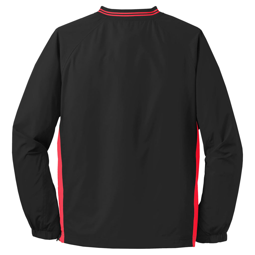 Sport-Tek Men's Black/True Red Tipped V-Neck Raglan Wind Shirt