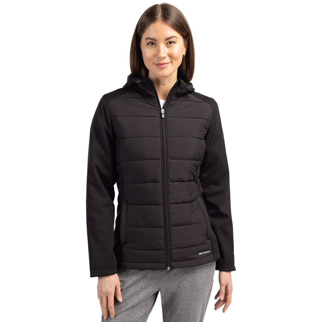 Cutter & Buck Women's Black Evoke Hybrid Eco Softshell Recycled Full Zip Hooded Jacket
