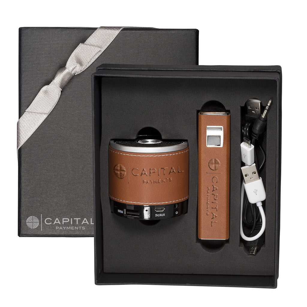 Leeman Tan Tuscany Power Bank and Bluetooth Speaker Gift Set