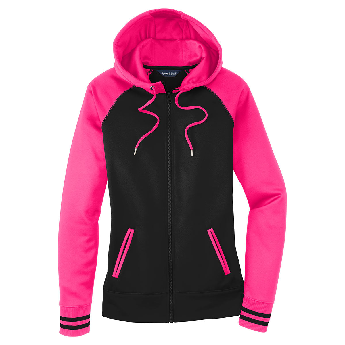 Sport-Tek Women\'s Black/Neon Pink Sport-Wick Varsity Fleece Full-Zip H