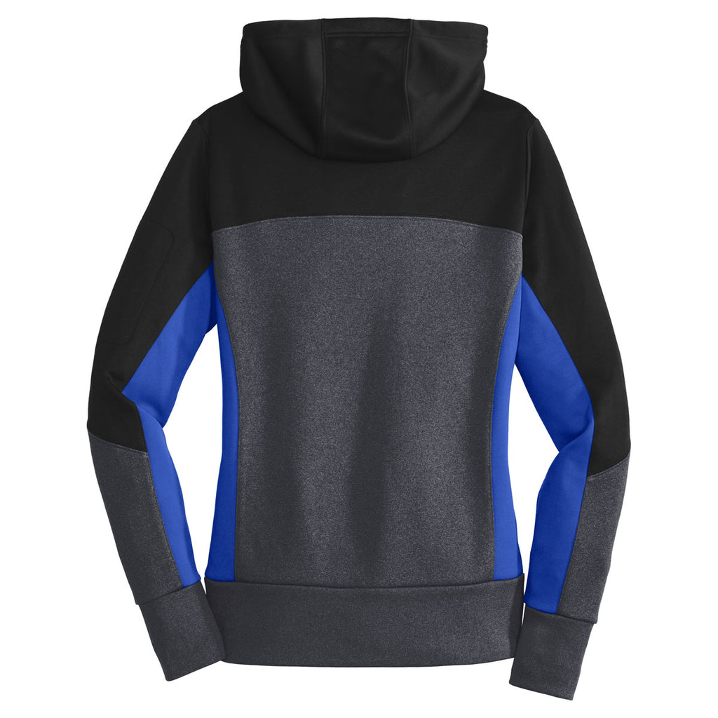 Sport-Tek Women's Black/Graphite Heather/True Royal Tech Fleece Colorblock Full-Zip Hooded Jacket