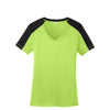Sport-Tek Women's Lime Shock/ Black PosiCharge Competitor Sleeve-Blocked V-Neck Tee