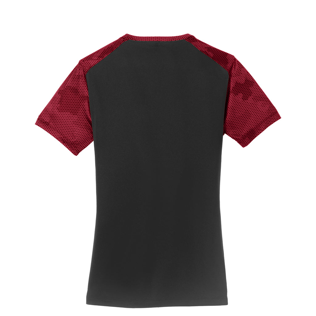 Sport-Tek Women's Black/Deep Red CamoHex Colorblock V-Neck Tee