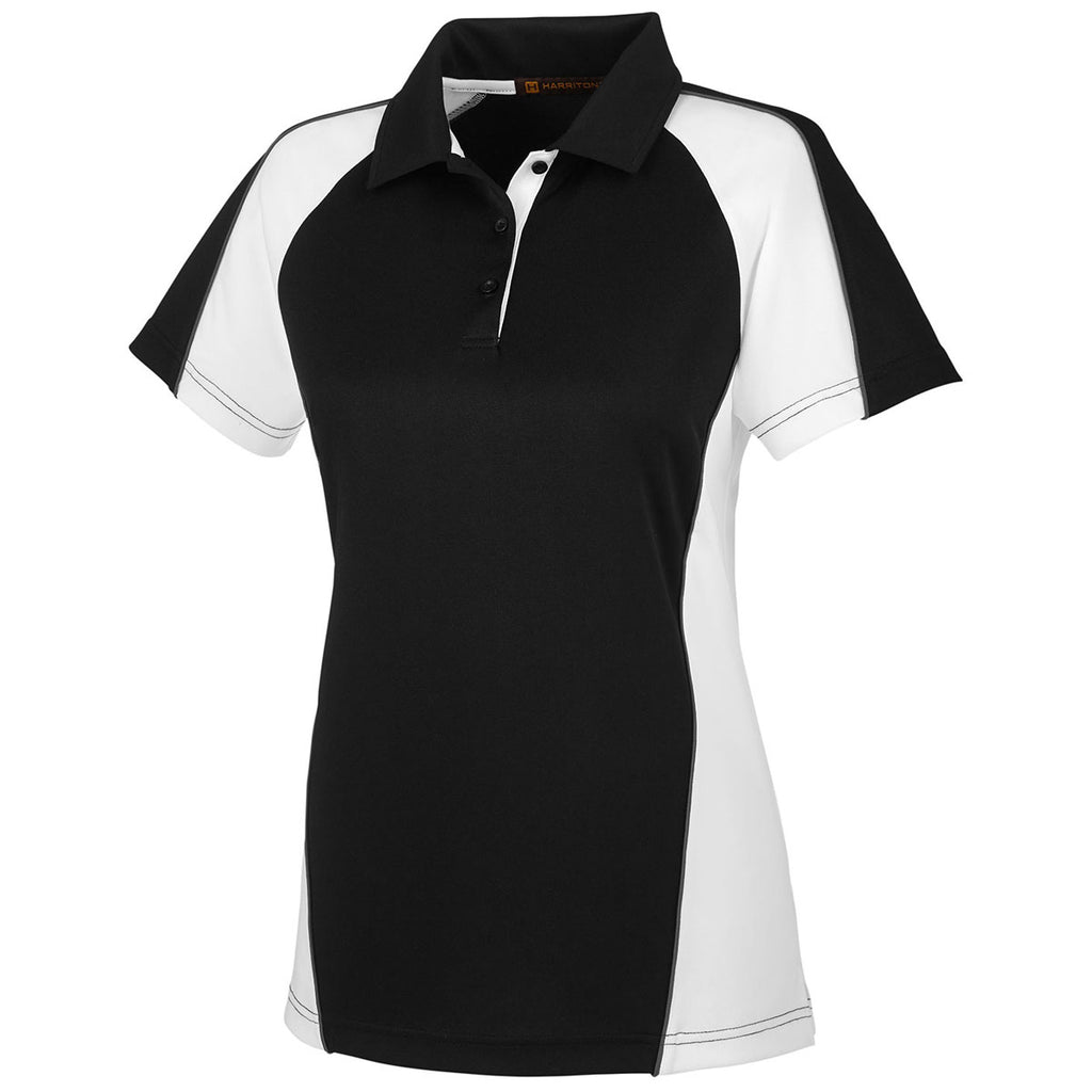 Harriton Women's Black/White/Dark Charcoal Advantage Snag Protection Plus Colorblock Polo