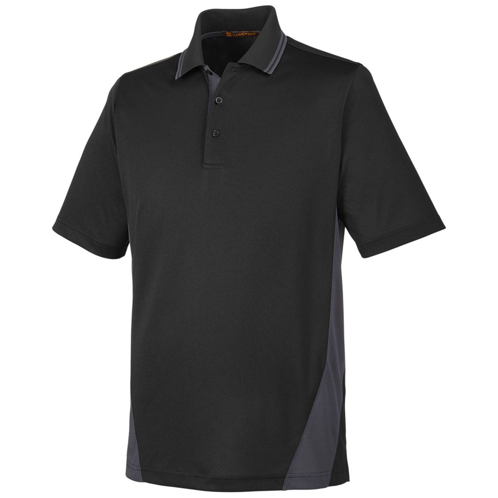 Harriton Men's Black/Dark Charcoal Tall Flash Snag Protection Plus Colorblock Polo