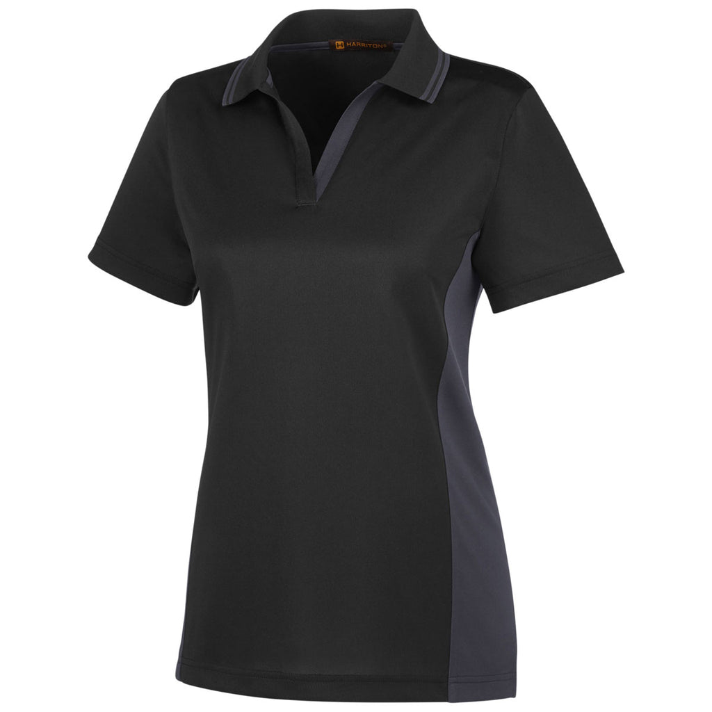 Harriton Women's Black/Dark Charcoal Flash Snag Protection Plus Colorblock Polo