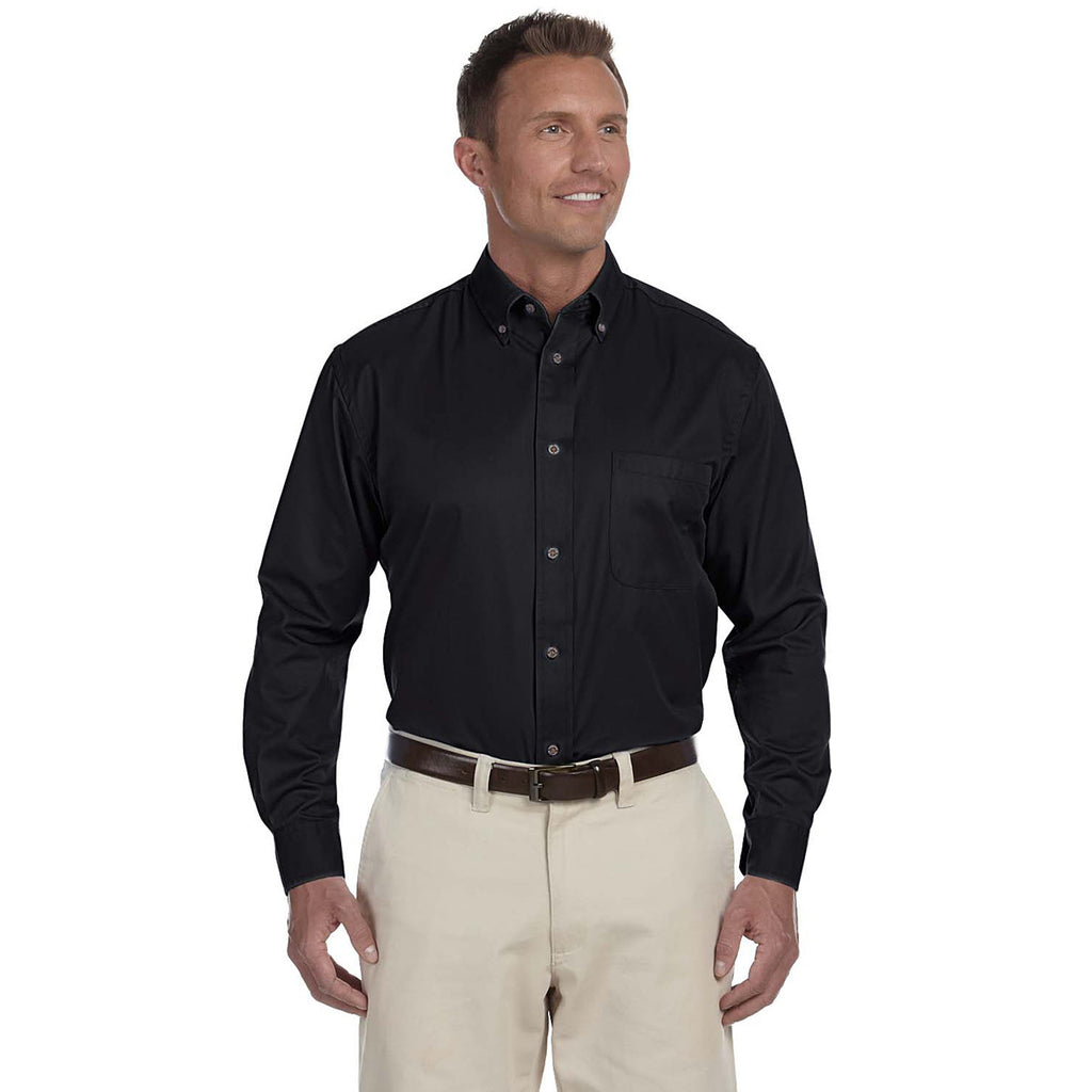 Harriton Men's Black Easy Blend Long-Sleeve Twill Shirt with Stain-Release