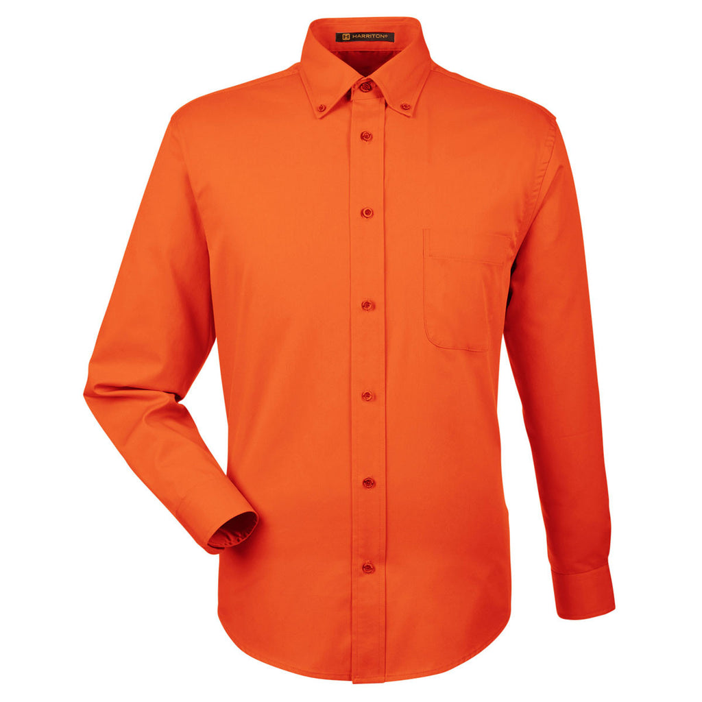 Harriton Men's Team Orange Easy Blend Long-Sleeve Twill Shirt with Sta