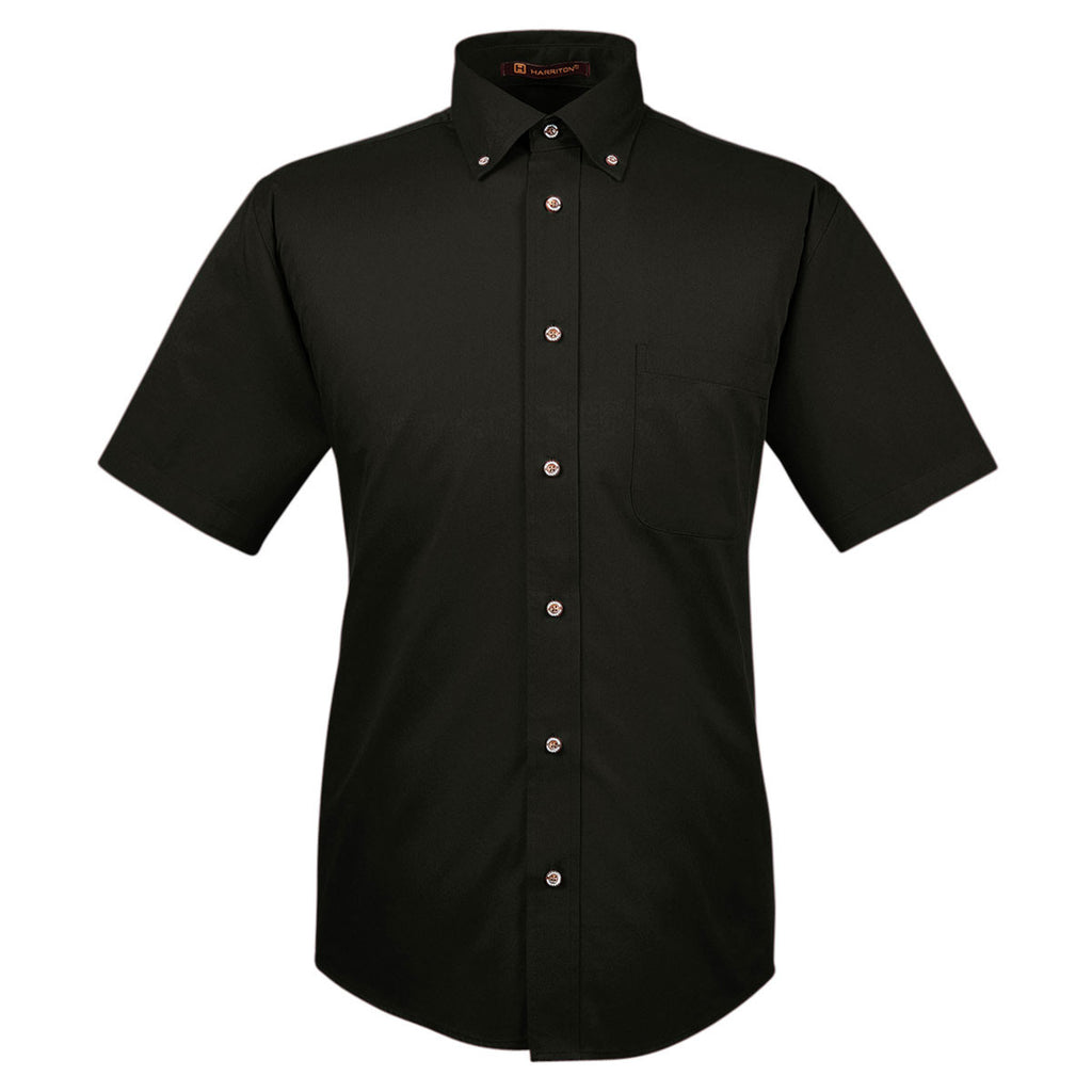 Harriton Men's Black Easy Blend Short-Sleeve Twill Shirt with Stain-Re