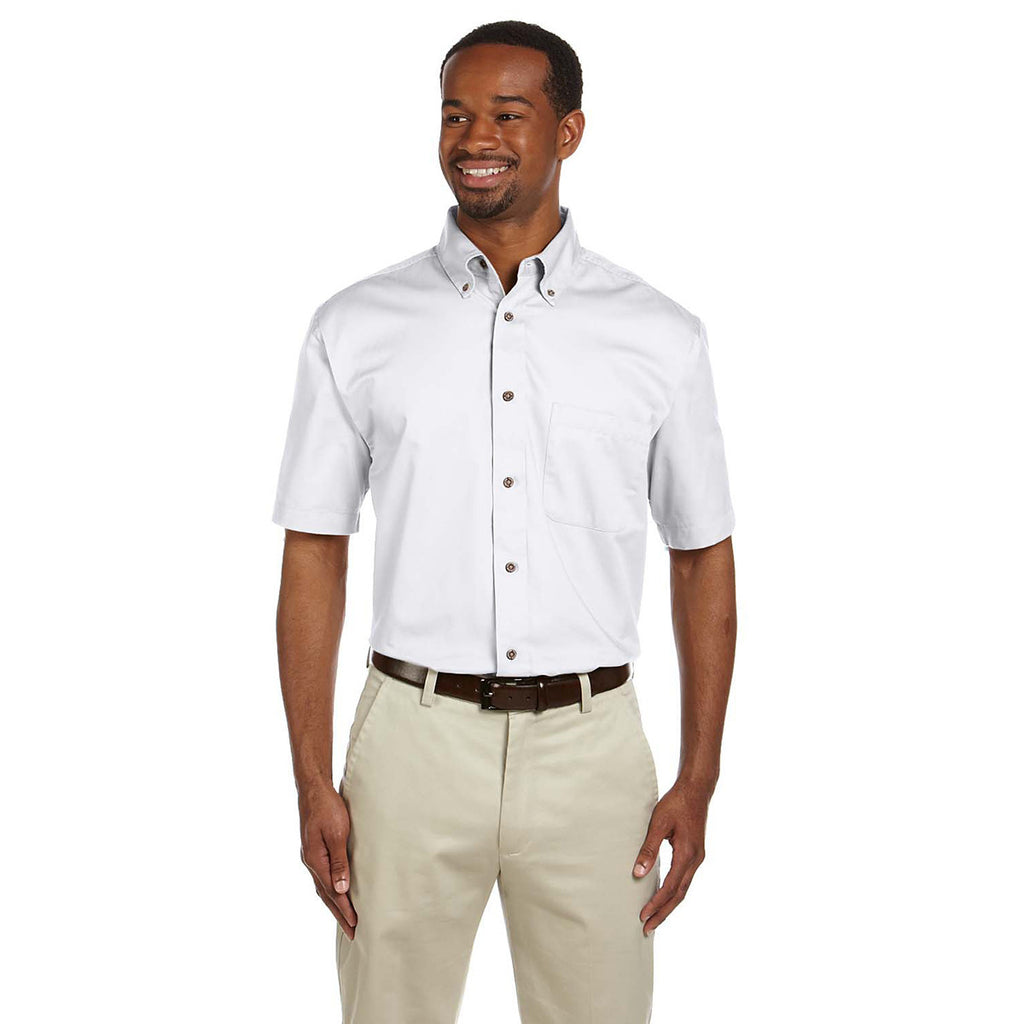 Harriton Men's White Easy Blend Short-Sleeve Twill Shirt with Stain-Re