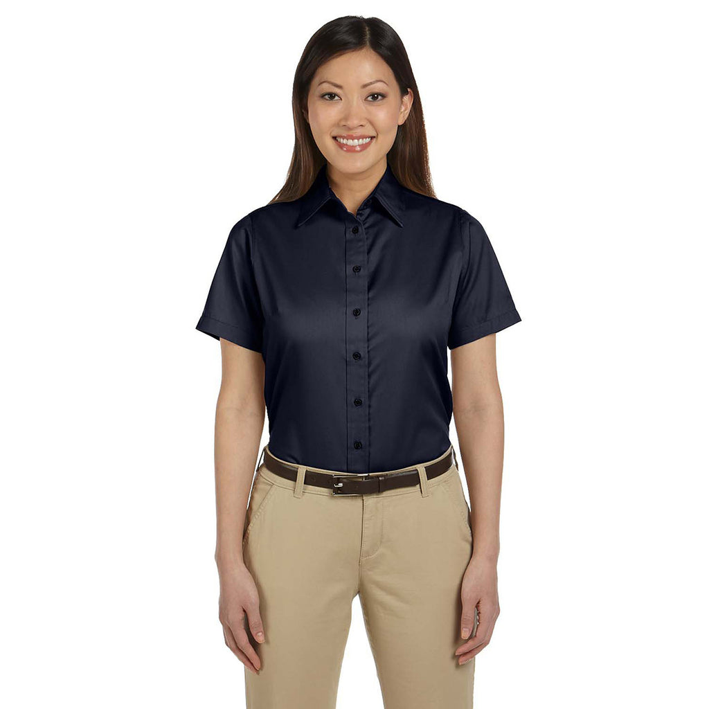 Harriton Women's Navy Easy Blend Short-Sleeve Twill Shirt with Stain-Release