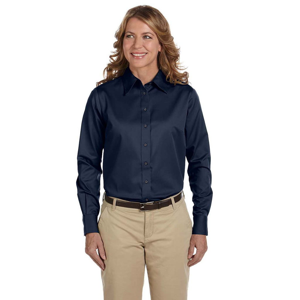 Harriton Women's Navy Easy Blend Long-Sleeve Twill Shirt with Stain-Release
