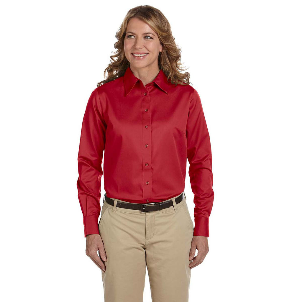 Harriton Women's Red Easy Blend Long-Sleeve Twill Shirt with Stain-Release