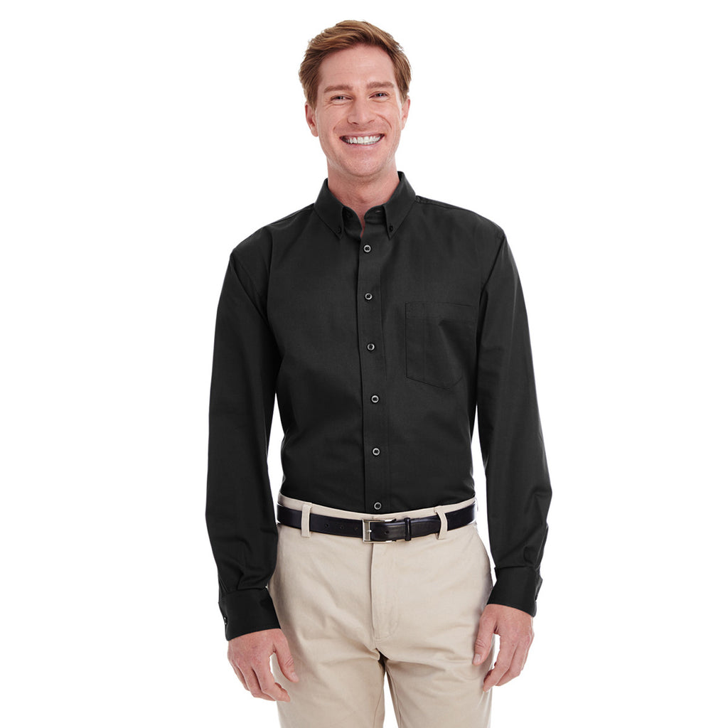 Harriton Men's Black Foundation 100% Cotton Long-Sleeve Twill Shirt with Teflon