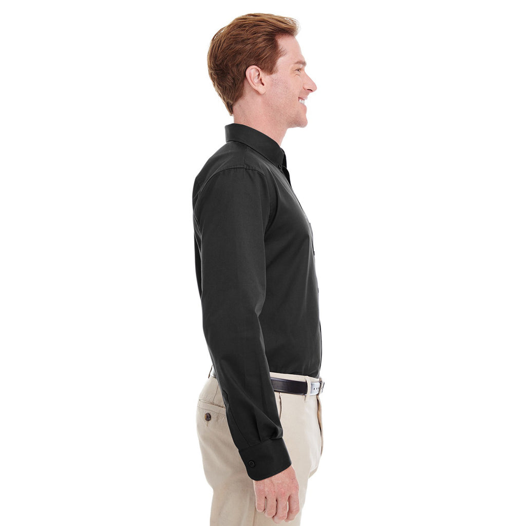 Harriton Men's Black Foundation 100% Cotton Long-Sleeve Twill Shirt with Teflon