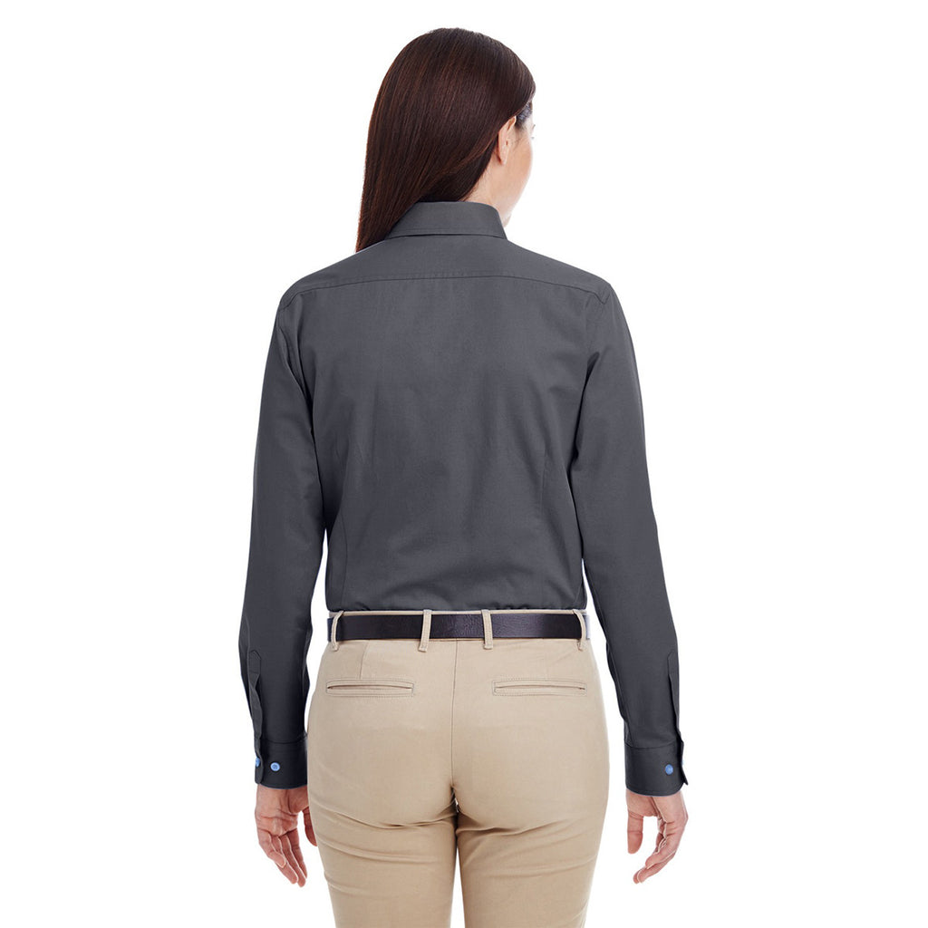 Harriton Women's Dark Charcoal Foundation 100% Cotton Long-Sleeve Twill Shirt with Teflon