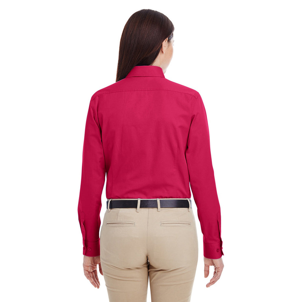 Harriton Women's Red Foundation 100% Cotton Long-Sleeve Twill Shirt with Teflon