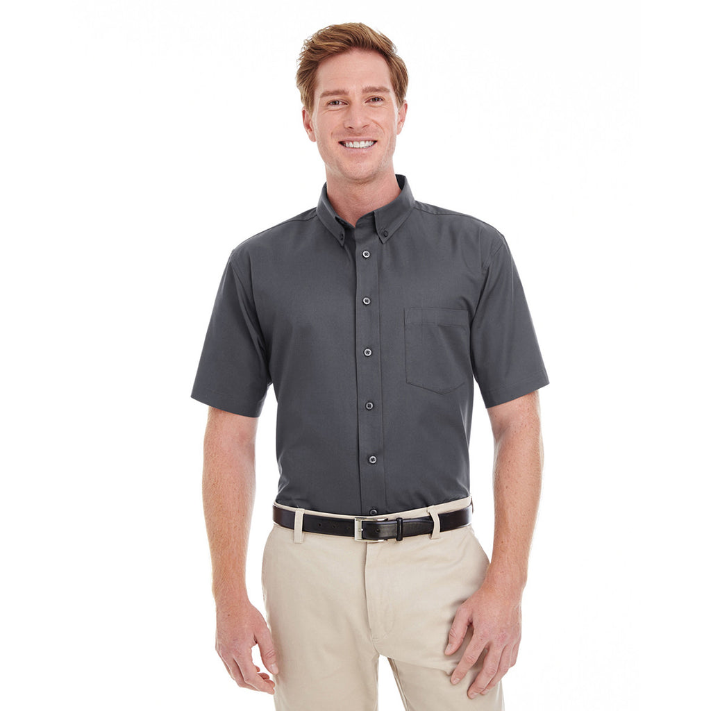 Harriton Men's Dark Charcoal Foundation 100% Cotton Short-Sleeve Twill Shirt Teflon