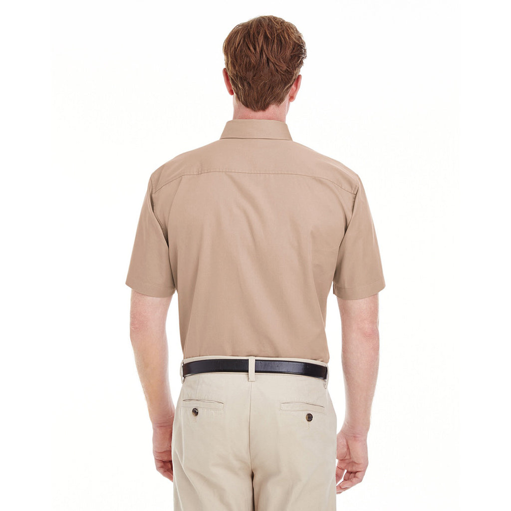 Harriton Men's Khaki Foundation 100% Cotton Short-Sleeve Twill Shirt Teflon
