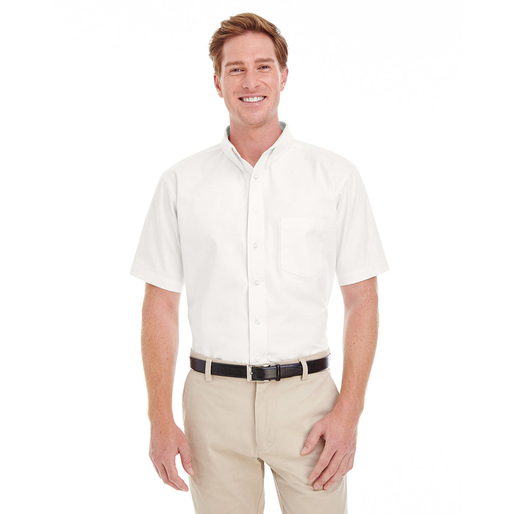 Harriton Men's White Foundation 100% Cotton Short-Sleeve Twill Shirt Teflon