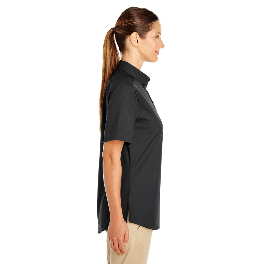 Harriton Women's Black Foundation 100% Cotton Short-Sleeve Twill Shirt Teflon