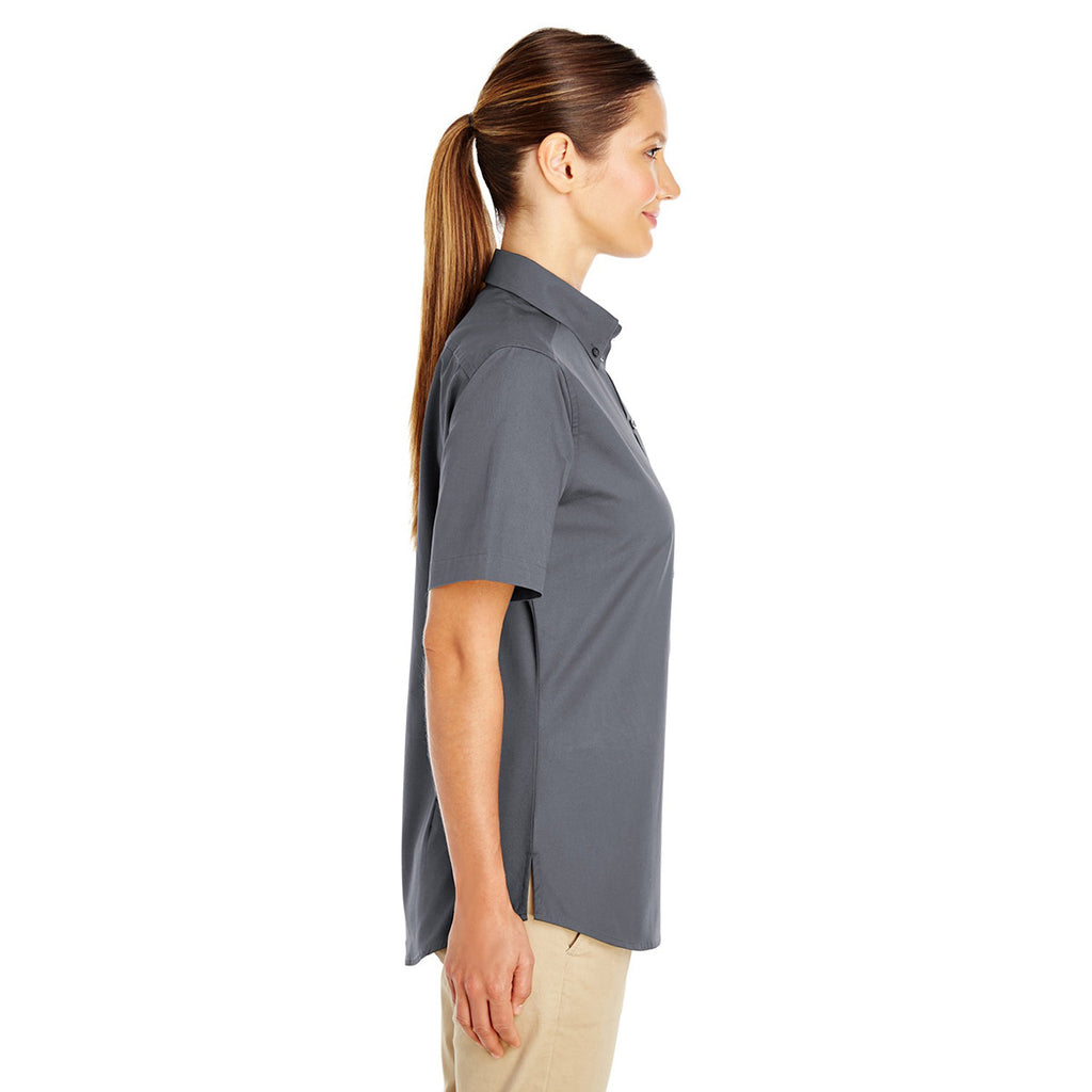 Harriton Women's Dark Charcoal Foundation 100% Cotton Short-Sleeve Twill Shirt Teflon