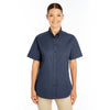 Harriton Women's Dark Navy Foundation 100% Cotton Short-Sleeve Twill Shirt Teflon