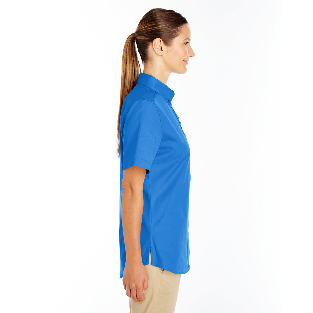 Harriton Women's French Blue Foundation 100% Cotton Short-Sleeve Twill Shirt Teflon