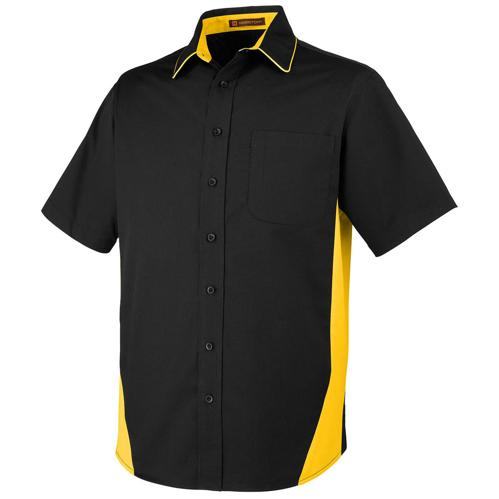 Harriton Men's Black/Sunray Yellow Flash Colorblock Short Sleeve Shirt