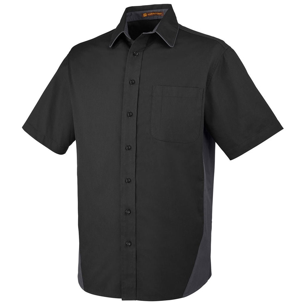 Harriton Men's Black/Dark Charcoal Flash Colorblock Short Sleeve Shirt