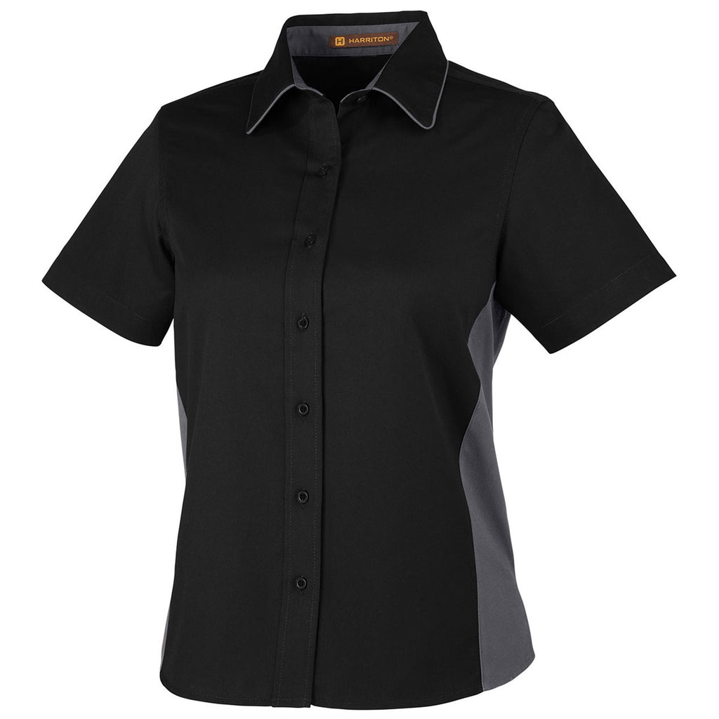 Harriton Women's Black/Dark Charcoal Flash Colorblock Short Sleeve Shirt