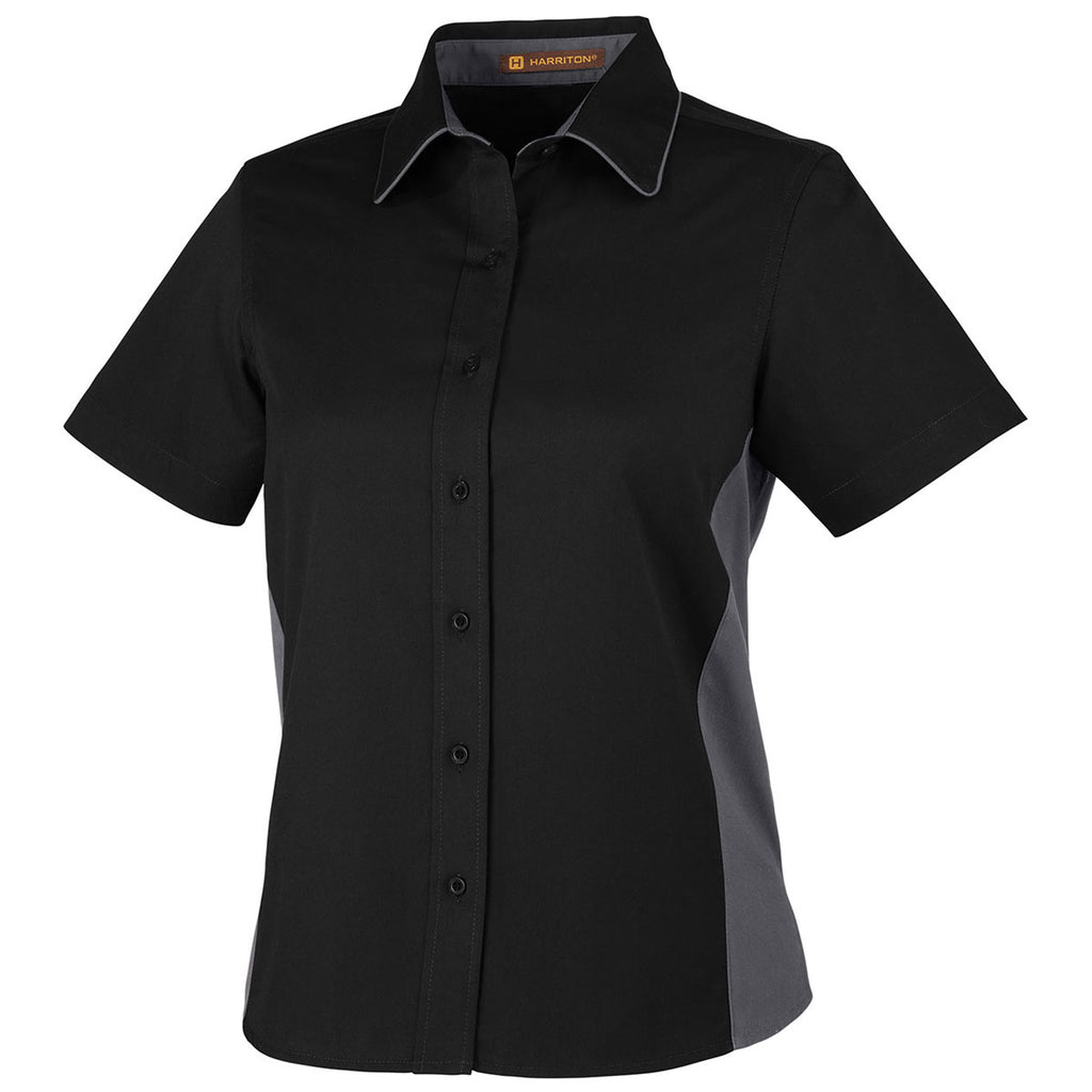 Harriton Women's Black/ Dark Charcoal Flash Colorblock Short Sleeve Shirt