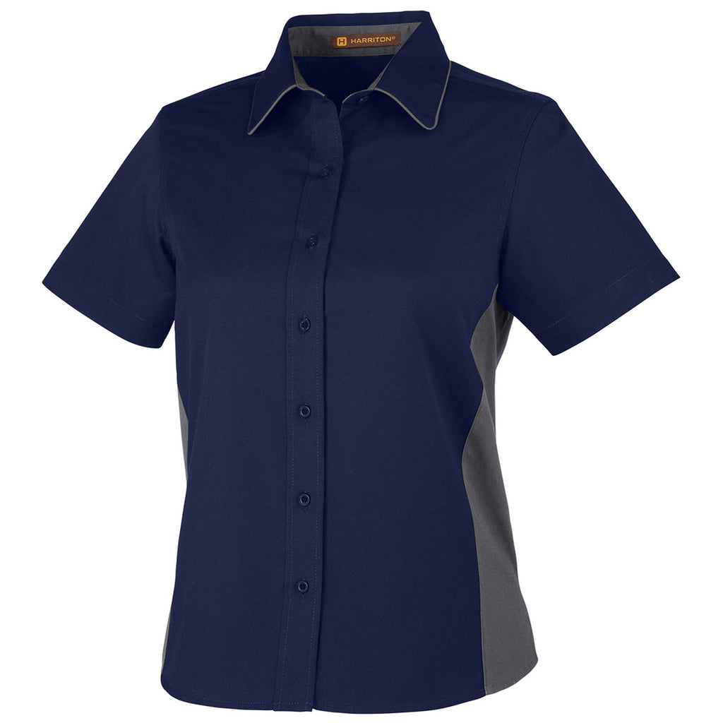 Harriton Women's Dark Navy/Dark Charcoal Flash Colorblock Short Sleeve Shirt