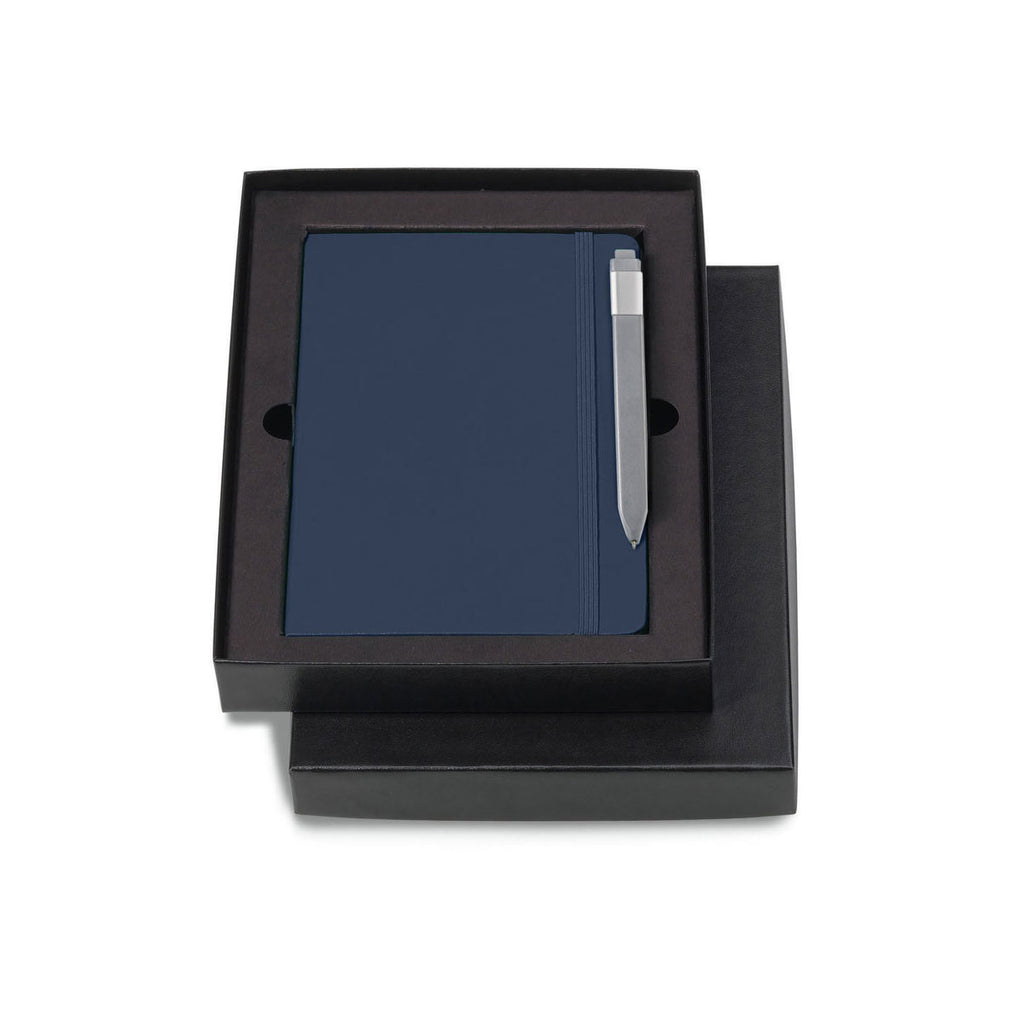 Moleskine Gift Set with Navy Blue Large Hard Cover Ruled Notebook and Grey Pen (5" x 8.25")