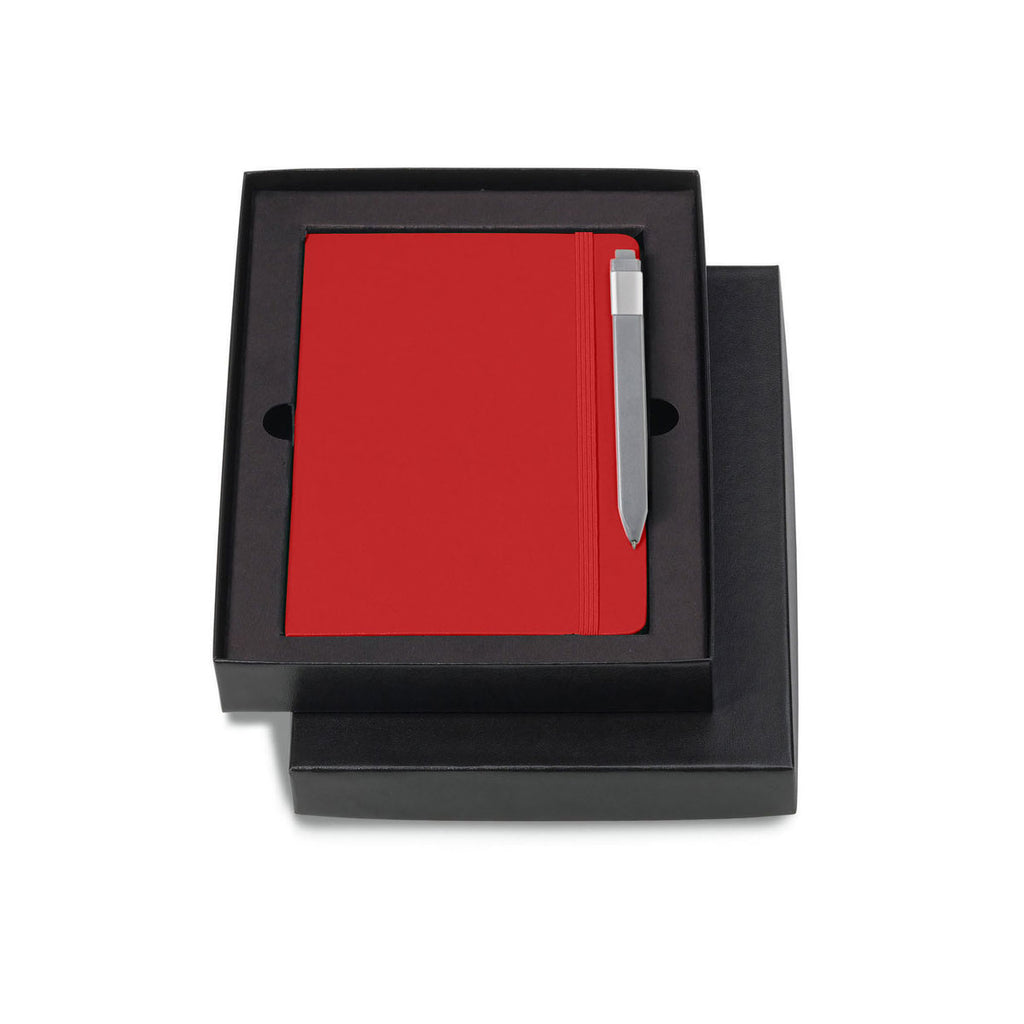 Moleskine Gift Set with Scarlet Red Large Hard Cover Ruled Notebook and Grey Pen (5" x 8.25")