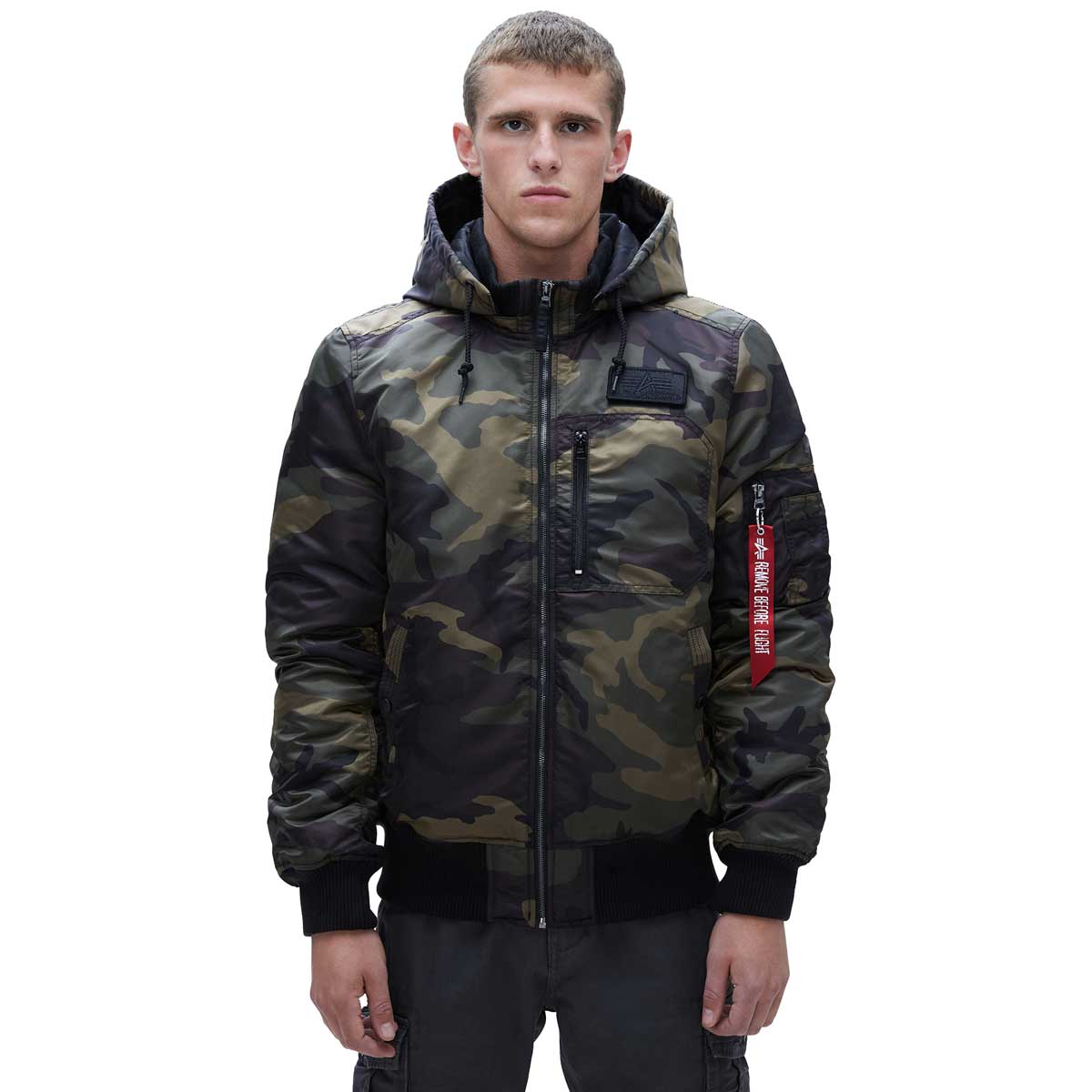 Alpha Industries Men's Dark Woodland Camo MA-1 Hooded Rib