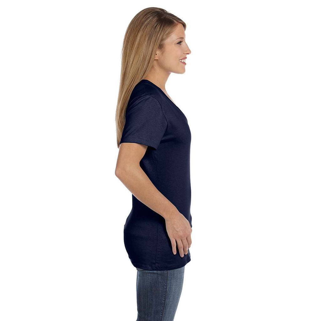 Hanes Women's Navy 4.5 oz. 100% Ringspun Cotton nano-T V-Neck T-Shirt