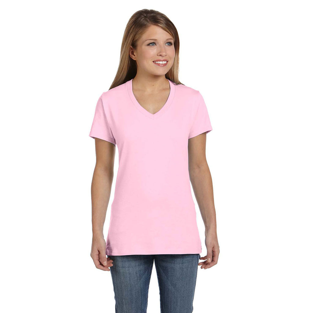 Hanes Women's Pale Pink 4.5 oz. 100% Ringspun Cotton nano-T V-Neck T-Shirt