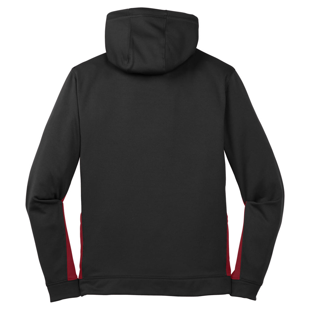 Sport-Tek Men's Black/ Deep Red Sport-Wick Fleece Colorblock Hooded Pullover