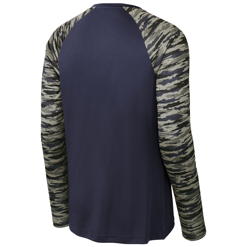 Sport-Tek Men's True Navy Drift Camo Colorblock Long Sleeve Tee