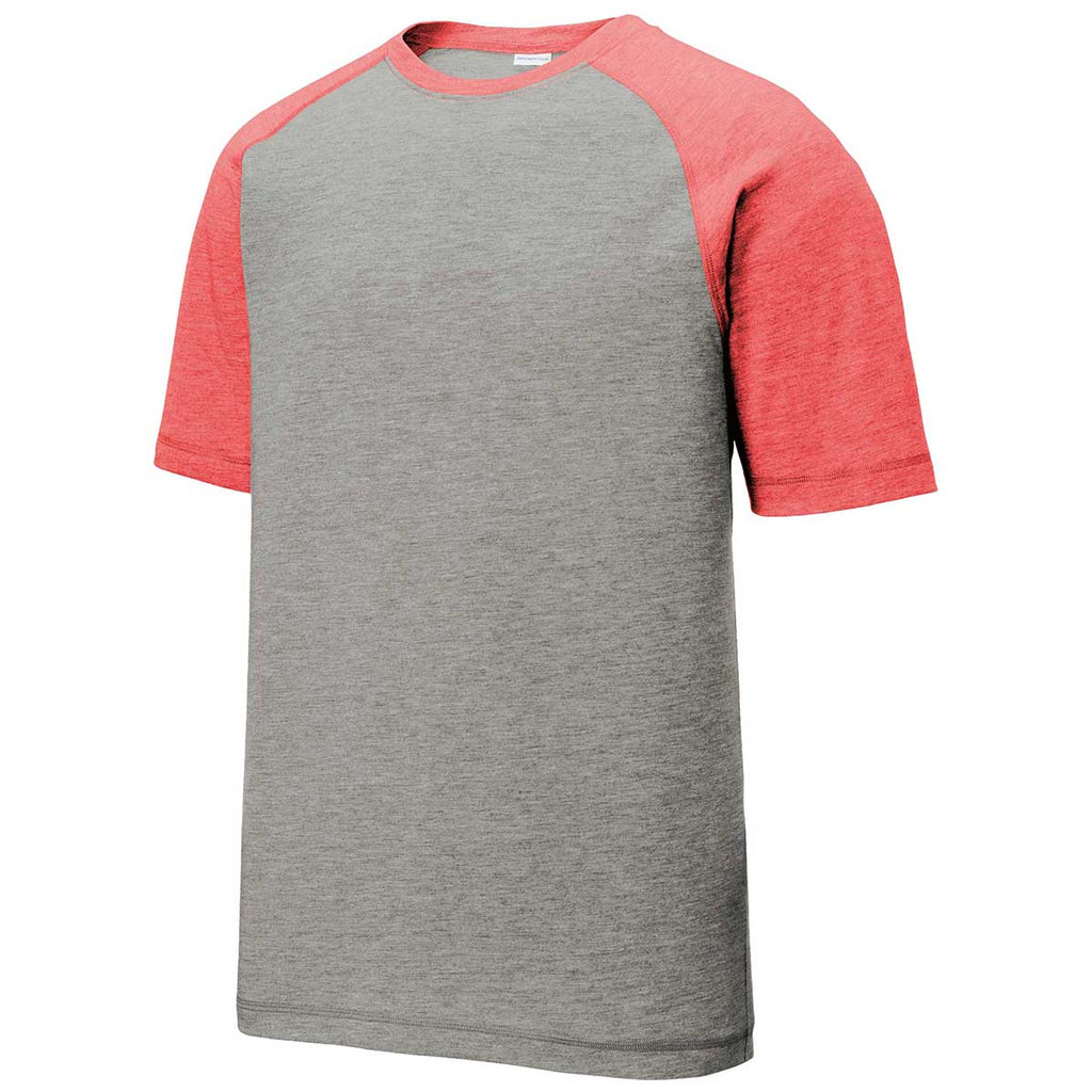 Sport-Tek Men's True Red Heather/Light Grey Heather PosiCharge Tri-Blend Wicking Raglan Tee