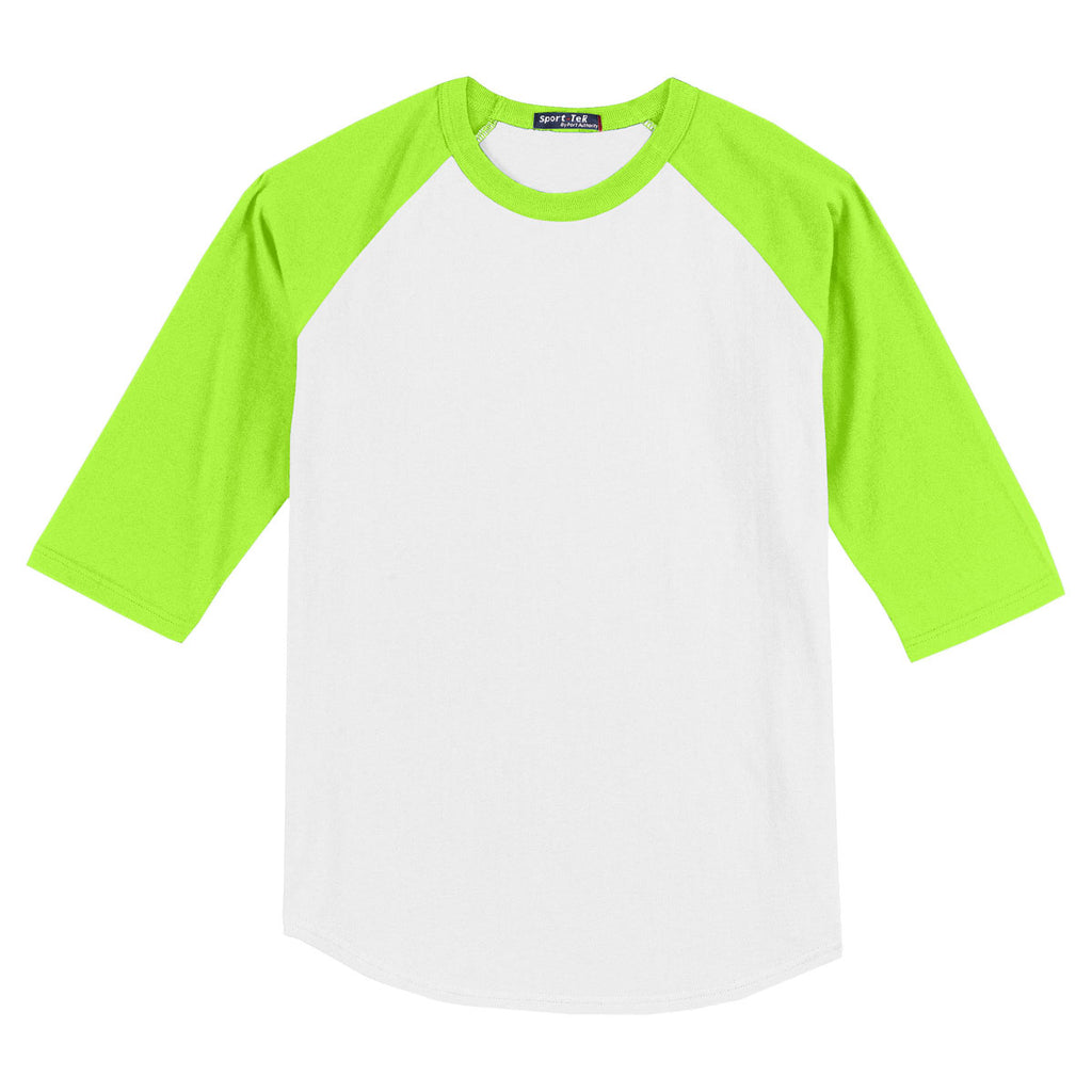 Sport-Tek Men's White/Lime Shock Colorblock Raglan Jersey