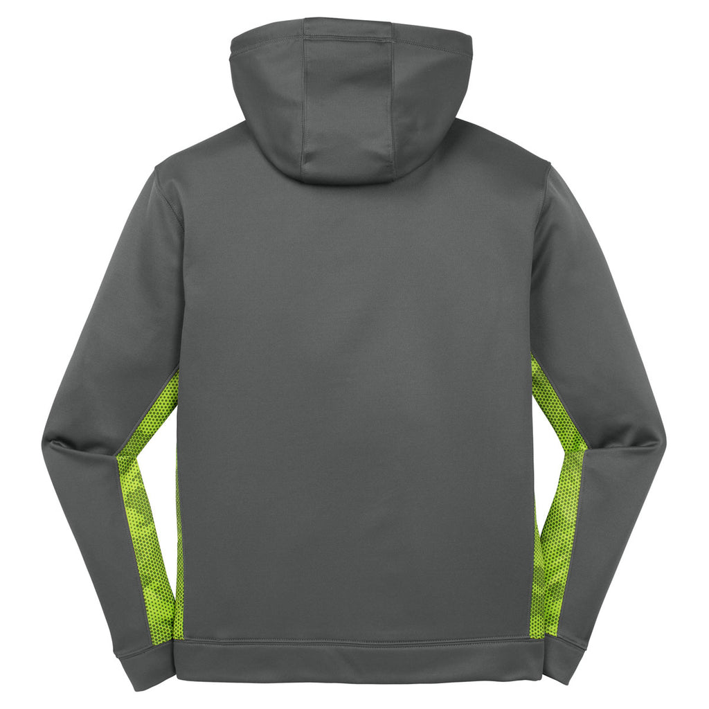 Sport-Tek Youth Dark Smoke Grey/Lime Shock Sport-Wick CamoHex Fleece Colorblock Hooded Pullover
